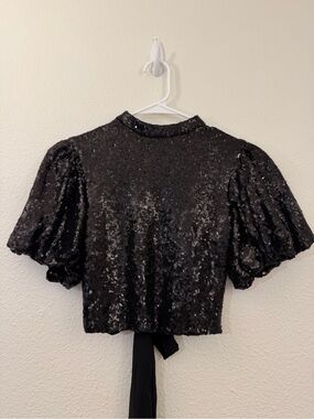Black Sequin Puff-Sleeve Crop Top open back size S